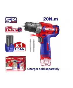 Masina de gaurit si insurubat cu impact, cu 1 baterie 1.5Ah, incarcare prin cablu tip C, 20Nm, fara incarcator , EMTOP Masina de gaurit si insurubat cu impact, cu 1 baterie 1.5Ah, incarcare prin cablu tip C, 20Nm, fara incarcator , EMTOP