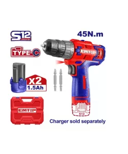 Masina de gaurit si insurubat cu 2 baterii 1.5Ah, incarcare prin cablu tip C, 45Nm, cutie de transport, fara incarcator , EMTOP Masina de gaurit si insurubat cu 2 baterii 1.5Ah, incarcare prin cablu tip C, 45Nm, cutie de transport, fara incarcator , EMTOP