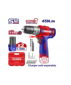 Masina de gaurit si insurubat cu impact, cu 2 baterii 1.5Ah, incarcare prin cablu tip C, 45Nm, 50 accesorii, cutie de transport, fara incarcator , EMTOP Masina de gaurit si insurubat cu impact, cu 2 baterii 1.5Ah, incarcare prin cablu tip C, 45Nm, 50 accesorii, cutie de transport, fara incarcator , EMTOP