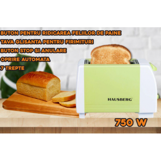 Prajitor de paine HAUSBERG HB-150VR, 750 W, capacitate 2 felii, 7 trepte reglare temperatura, oprire automata, Verde
