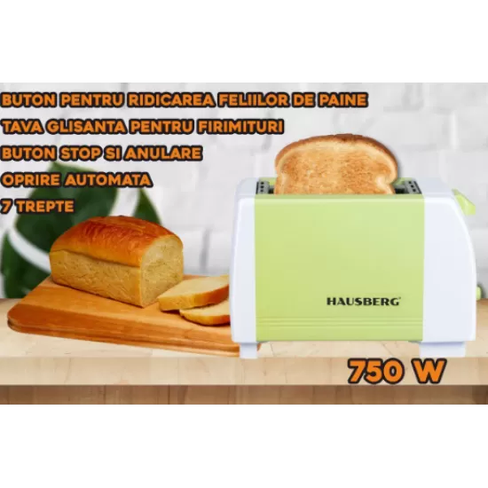 Prajitor de paine HAUSBERG HB-150VR, 750 W, capacitate 2 felii, 7 trepte reglare temperatura, oprire automata, Verde Prajitor de paine HAUSBERG HB-150VR, 750 W, capacitate 2 felii, 7 trepte reglare temperatura, oprire automata, Verde