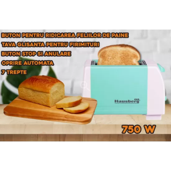 Prajitor de paine HAUSBERG HB-150BL, 750 W, capacitate 2 felii, 7 trepte reglare temperatura, oprire automata, Bleu Prajitor de paine HAUSBERG HB-150BL, 750 W, capacitate 2 felii, 7 trepte reglare temperatura, oprire automata, Bleu