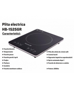 Plita electrica - Hausberg HB-1525GR, Gri, 2000W, Un arzator - Touch Screen