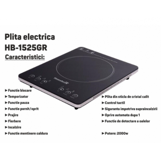 Plita electrica - Hausberg HB-1525GR, Gri, 2000W, Un arzator - Touch Screen