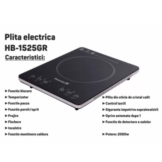 Plita electrica - Hausberg HB-1525GR, Gri, 2000W, Un arzator - Touch Screen Plita electrica - Hausberg HB-1525GR, Gri, 2000W, Un arzator - Touch Screen