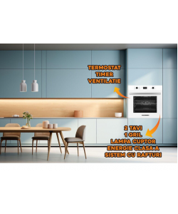 Cuptor electric incorporabil Hausberg HB-8054AB, Clasa A, volum 71L, putere 2225W, panou sticla termoizolant, termostat, timer, 7 functii, ventilatie, Alb