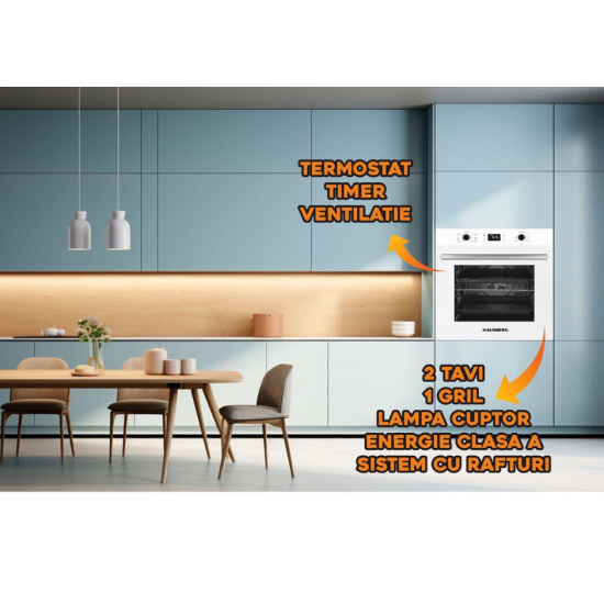 Cuptor electric incorporabil Hausberg HB-8054AB, Clasa A, volum 71L, putere 2225W, panou sticla termoizolant, termostat, timer, 7 functii, ventilatie, Alb