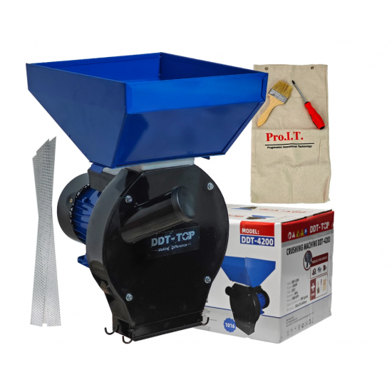 Moara electrica pentru cereale si stiuleti, DDT-TOP,Cuva Mare, motor 4.2 kw , 3000 rpm, 320 kg/h, 4 site de rezerva, 20 ciocanele,bonus sac,surubelnita si perie,Buton on/off