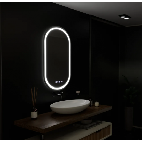 Oglinda LED Senzor MotionGlow Zaffiro cu functie Dezaburire Termometru Ceas 50x80 cm Lumina Rece/Calda/Neutra Dimabila, colectia Marcello Funghi