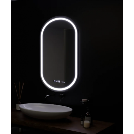 Oglinda LED Senzor MotionGlow Zaffiro cu functie Dezaburire Termometru Ceas 50x80 cm Lumina Rece/Calda/Neutra Dimabila, colectia Marcello Funghi