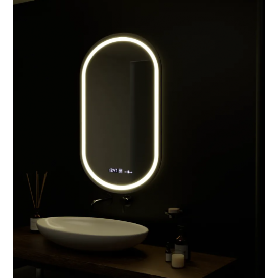 Oglinda LED Senzor MotionGlow Zaffiro cu functie Dezaburire Termometru Ceas 50x80 cm Lumina Rece/Calda/Neutra Dimabila, colectia Marcello Funghi