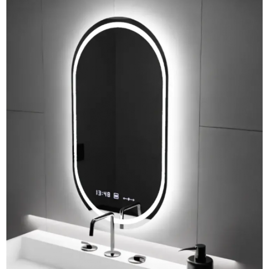 Oglinda LED Senzor MotionGlow Aurora cu functie Dezaburire Termometru Ceas Ovala 60x80 cm Lumina Rece/Calda/Neutra Dimabila, colectia Marcello Funghi