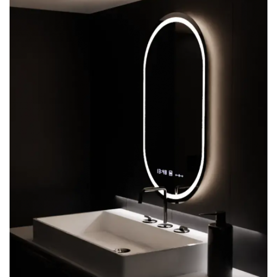 Oglinda LED Senzor MotionGlow Aurora cu functie Dezaburire Termometru Ceas Ovala 60x80 cm Lumina Rece/Calda/Neutra Dimabila, colectia Marcello Funghi