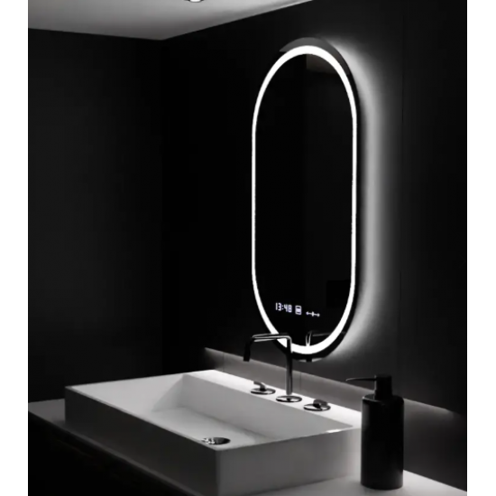 Oglinda LED Senzor MotionGlow Aurora cu functie Dezaburire Termometru Ceas Ovala 60x80 cm Lumina Rece/Calda/Neutra Dimabila, colectia Marcello Funghi