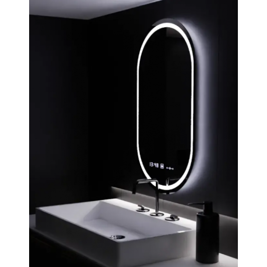 Oglinda LED Senzor MotionGlow Aurora cu functie Dezaburire Termometru Ceas Ovala 60x80 cm Lumina Rece/Calda/Neutra Dimabila, colectia Marcello Funghi