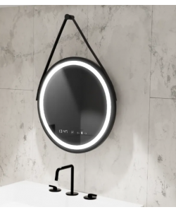 Oglinda LED Senzor MotionGlow Hillia Rotunda Diametru 60 cm Lumina Rece/Calda/Neutra Dimabila Sistem Dezaburire Termometru si Ceas Rama Negru Periat cu Curea Piele Ecologica