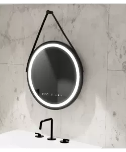 Oglinda LED Senzor MotionGlow Hillia Rotunda Diametru 60 cm Lumina Rece/Calda/Neutra Dimabila Sistem Dezaburire Termometru si Ceas Rama Negru Periat cu Curea Piele Ecologica Oglinda LED Senzor MotionGlow Hillia Rotunda Diametru 60 cm Lumina Rece/Calda/Neutra Dimabila Sistem Dezaburire Termometru si Ceas Rama Negru Periat cu Curea Piele Ecologica