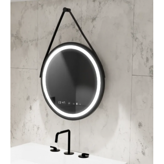 Oglinda LED Senzor MotionGlow Hillia Rotunda Diametru 60 cm Lumina Rece/Calda/Neutra Dimabila Sistem Dezaburire Termometru si Ceas Rama Negru Periat cu Curea Piele Ecologica