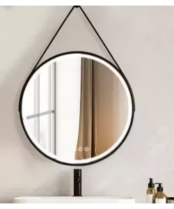 Oglinda LED Senzor MotionGlow Hillia Rotunda Diametru 60 cm Lumina Rece/Calda/Neutra Dimabila Sistem Dezaburire Termometru si Ceas Rama Negru Periat cu Curea Piele Ecologica Oglinda LED Senzor MotionGlow Hillia Rotunda Diametru 60 cm Lumina Rece/Calda/Neutra Dimabila Sistem Dezaburire Termometru si Ceas Rama Negru Periat cu Curea Piele Ecologica