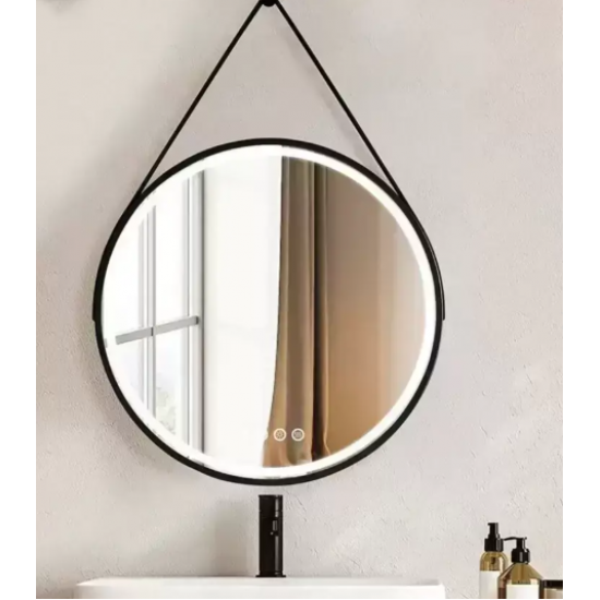 Oglinda LED Senzor MotionGlow Hillia Rotunda Diametru 60 cm Lumina Rece/Calda/Neutra Dimabila Sistem Dezaburire Termometru si Ceas Rama Negru Periat cu Curea Piele Ecologica