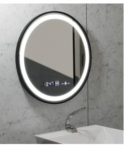Oglinda LED Senzor MotionGlow Pavel Sistem Dezaburire Termometru și Ceas Rama Negru Periat Rotundă Diametru 60 cm Lumină Rece/Caldă/Neutră Dimabilă Colectia Marcello Funghi
