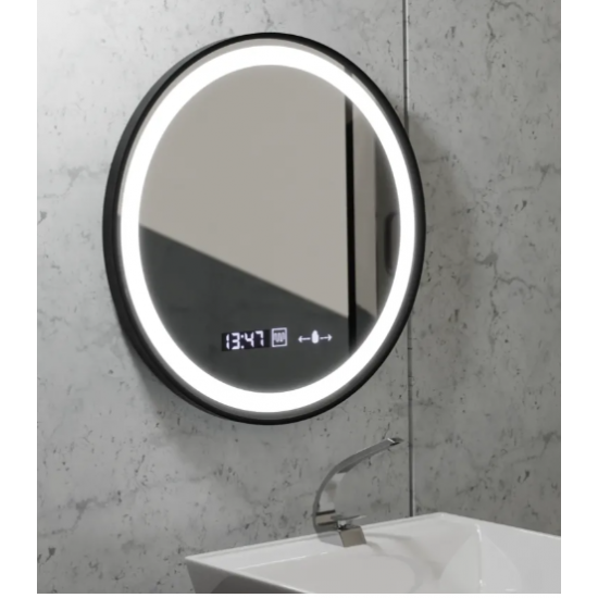 Oglinda LED Senzor MotionGlow Pavel Sistem Dezaburire Termometru și Ceas Rama Negru Periat Rotundă Diametru 60 cm Lumină Rece/Caldă/Neutră Dimabilă Colectia Marcello Funghi
