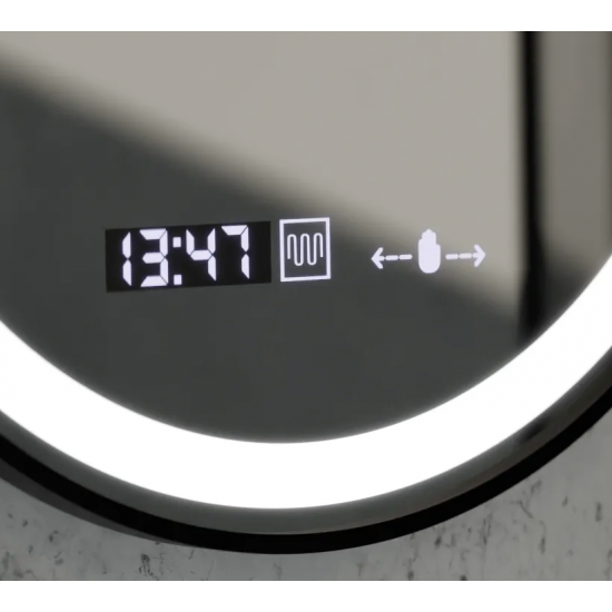 Oglinda LED Senzor MotionGlow Pavel Sistem Dezaburire Termometru și Ceas Rama Negru Periat Rotundă Diametru 60 cm Lumină Rece/Caldă/Neutră Dimabilă Colectia Marcello Funghi