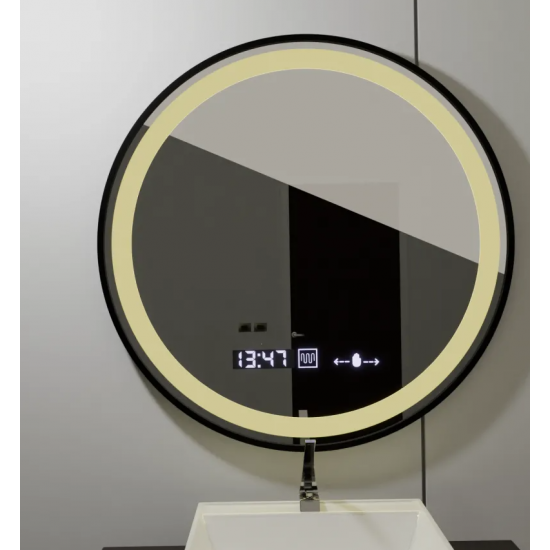 Oglinda LED Senzor MotionGlow Pavel Sistem Dezaburire Termometru și Ceas Rama Negru Periat Rotundă Diametru 60 cm Lumină Rece/Caldă/Neutră Dimabilă Colectia Marcello Funghi