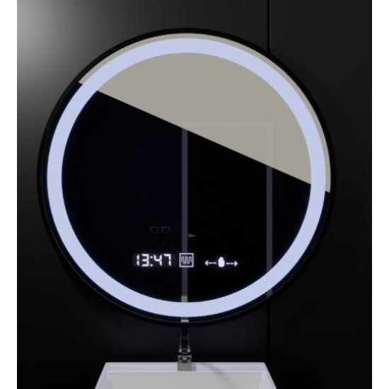 Oglinda LED Senzor MotionGlow Pavel Sistem Dezaburire Termometru și Ceas Rama Negru Periat Rotundă Diametru 60 cm Lumină Rece/Caldă/Neutră Dimabilă Colectia Marcello Funghi