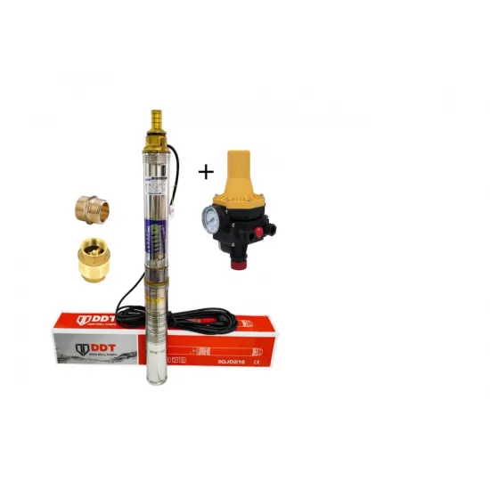Pachet Pompa submersibila, DDT, 3QJD-1.1, 1.1 kW, Inox, 75 mm diametru, 10 turbine + Prescontrol LS6 + supapa de sens si niplu