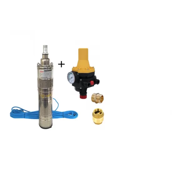 Pachet Pompa submersibila, DDT, QGD120, Inox complet, suruburi inox, sita protectie, 20 m cablu, 120 m, 3 m³/h + Prescontrol LS6 + supapa de sens si niplu