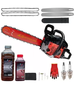 Pachet Drujba benzina 8.5 cp + 2 lanturi + 2 lame + ulei ungere lant 1L + ulei amestec 0.5L + 2 bujii + accesorii MOTOYAMA JAPAN