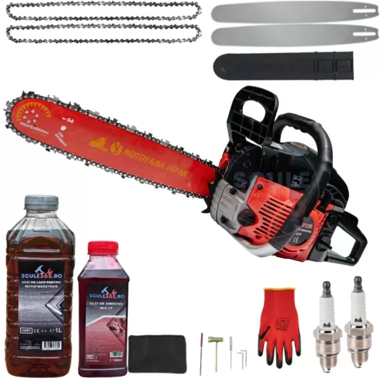 Pachet Drujba benzina 8.5 cp + 2 lanturi + 2 lame + ulei ungere lant 1L + ulei amestec 0.5L + 2 bujii + accesorii MOTOYAMA JAPAN