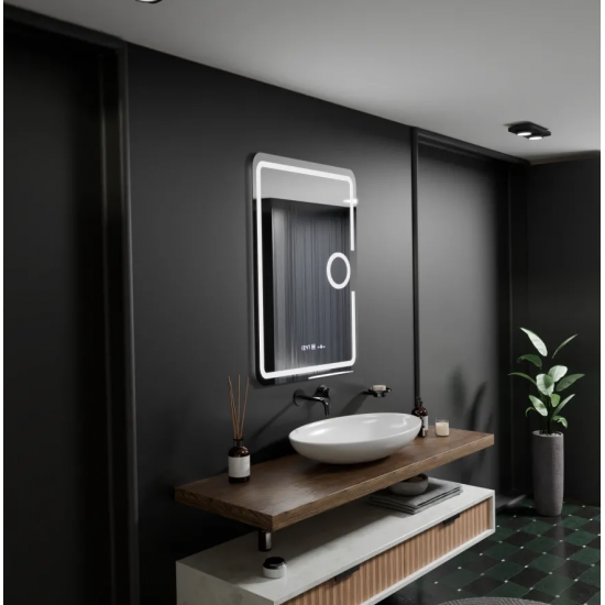 Oglinda LED Rectangulara, 50x70cm, Eclat MotionGlow Marcello, Sistem Dezaburire, Ceas & Termometru, Lupa Cosmetica, Dimabila