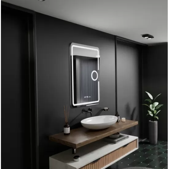 Oglinda LED Rectangulara, 50x70cm, Eclat MotionGlow Marcello, Sistem Dezaburire, Ceas & Termometru, Lupa Cosmetica, Dimabila