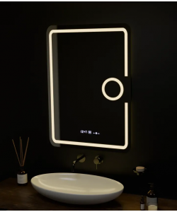 Oglinda LED Rectangulara, 50x70cm, Eclat MotionGlow Marcello, Sistem Dezaburire, Ceas & Termometru, Lupa Cosmetica, Dimabila
