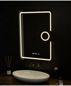 Oglinda LED Rectangulara, 50x70cm, Eclat MotionGlow Marcello, Sistem Dezaburire, Ceas & Termometru, Lupa Cosmetica, Dimabila