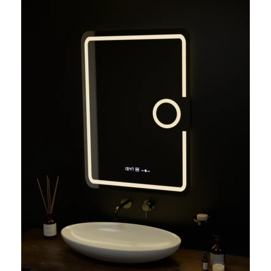 Oglinda LED Rectangulara, 50x70cm, Eclat MotionGlow Marcello, Sistem Dezaburire, Ceas & Termometru, Lupa Cosmetica, Dimabila