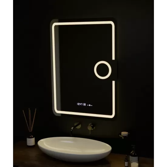 Oglinda LED Rectangulara, 50x70cm, Eclat MotionGlow Marcello, Sistem Dezaburire, Ceas & Termometru, Lupa Cosmetica, Dimabila