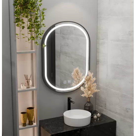 Oglinda LED Ovala 50x80cm VETRO Touch Sistem Dezaburire Dimabila, Rama Neagra