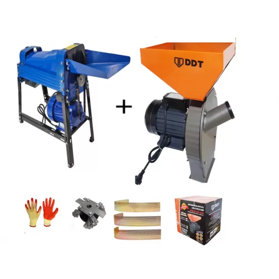 Pachet Moara cereale, uruiala si stiuleti, 3.5 Kw + Batoza/Masina de porumb electrica pentru curatat porumb, DDT Profi, motor inclus, 1500 W, 800 kg/h, Buton on/off