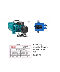 Pachet Pompa de suprafata JET100P, 1.5kW, apa curata, 60L/min, 50m, 1" cu buton pornire-oprire si bobinaj masiv cupru + Presostat electronic automat DDT LS1, 1.1kW, 10 bar