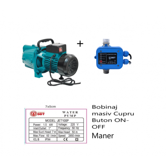 Pachet Pompa de suprafata JET100P, 1.5kW, apa curata, 60L/min, 50m, 1" cu buton pornire-oprire si bobinaj masiv cupru + Presostat electronic automat DDT LS1, 1.1kW, 10 bar