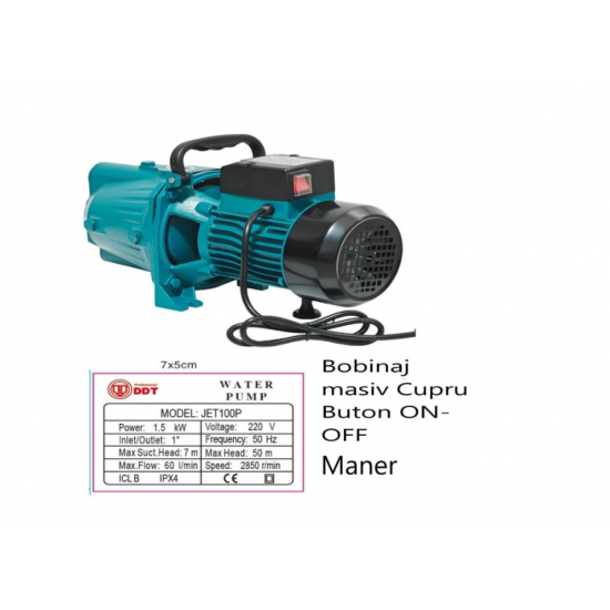 Pachet Pompa de suprafata JET100P, 1.5kW, apa curata, 60L/min, 50m, 1" cu buton pornire-oprire si bobinaj masiv cupru + Presostat electronic automat DDT LS1, 1.1kW, 10 bar