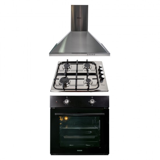 Pachet Cuptor incorporabil,1857, capacitate 51L, Electric, Negru, Plita incorporabila inox 0027, 60x50x15cm Gaz butelie sau gaz natural, duze de schimb incluse, aprindere electrica, Hota incorporabila decorativa inox, 63 cm,1925