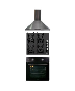 Pachet Cuptor incorporabil 1857, capacitate 51L, Electric, Negru, Plita incorporabila sticla, 65x60x15 cm, Gaz butelie sau gaz natural, duze de schimb incluse, aprindere electrica 0058, Hota incorporabila decorativa inox, 63 cm 1925