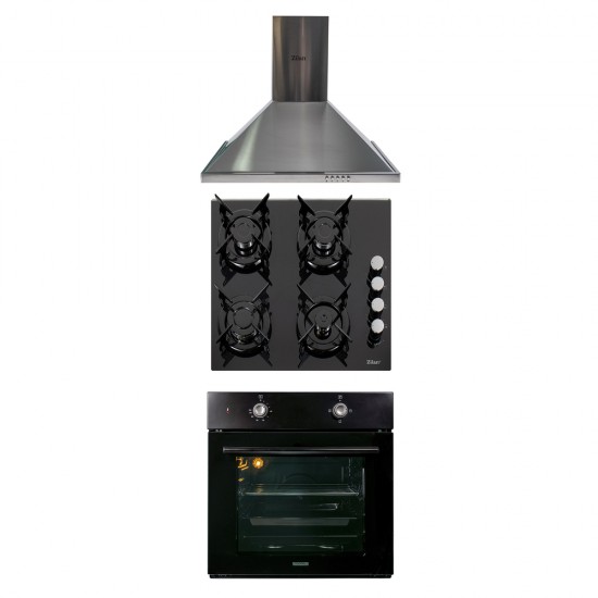 Pachet Cuptor incorporabil 1857, capacitate 51L, Electric, Negru, Plita incorporabila sticla, 65x60x15 cm, Gaz butelie sau gaz natural, duze de schimb incluse, aprindere electrica 0058, Hota incorporabila decorativa inox, 63 cm 1925