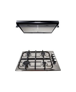Pachet Plita incorporabila inox (0027) , 50 X 60 cm , Gaz butelie sau gaz natural (duze de schimb incluse) , aprindere electrica si Hota 2 motoare putere 2 x 95W (6201) / SET 30014