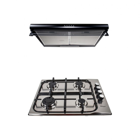 Pachet Plita incorporabila inox (0027) , 50 X 60 cm , Gaz butelie sau gaz natural (duze de schimb incluse) , aprindere electrica si Hota 2 motoare putere 2 x 95W (6201) / SET 30014