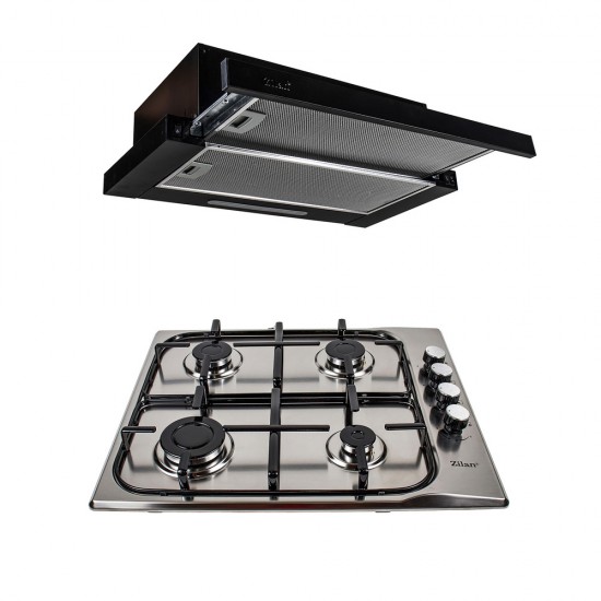 Pachet Plita incorporabila inox (0027) , 50 X 60 cm , Gaz butelie sau gaz natural (duze de schimb incluse) , aprindere electrica si Hota incorporabila telescopica 2 motoare 2 x 95w (3680) / SET 30016